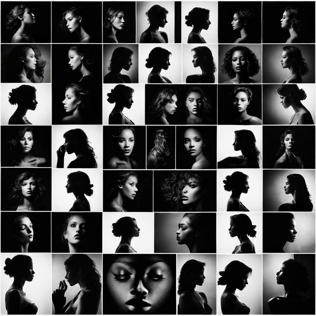 A captivating collage of diverse, evocative adult photographs showcasing sensual art in various styles, such as soft focus, high contrast, and monochrome. Include elements like silhouettes, intricate textures, and abstract forms that evoke emotion and allure. Surround the images with a subtle gradient background that enhances the sensuality of the artwork. The overall composition should be both artistic and thought-provoking, inviting viewers into the world of provocative photography. vibrant colors. modern aesthetic.